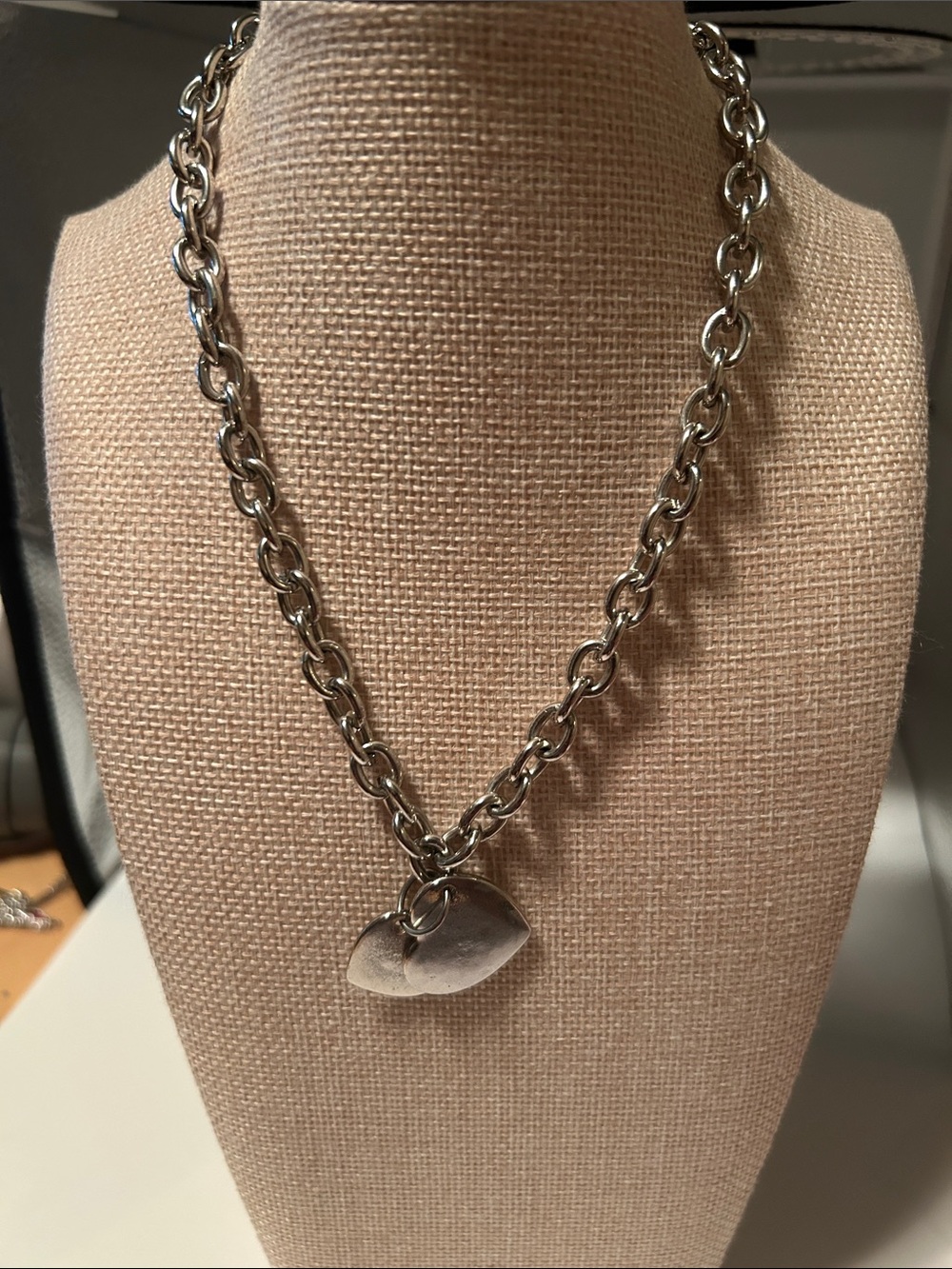 Dual heart pendant silver tone cable link necklace toggle clasp bold statement